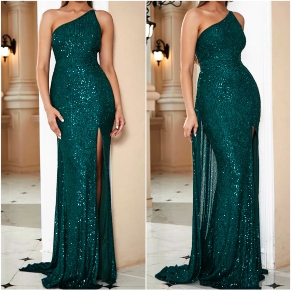 Dresses & Skirts - Luxurious sequins one shoulder evening party formal gown dress